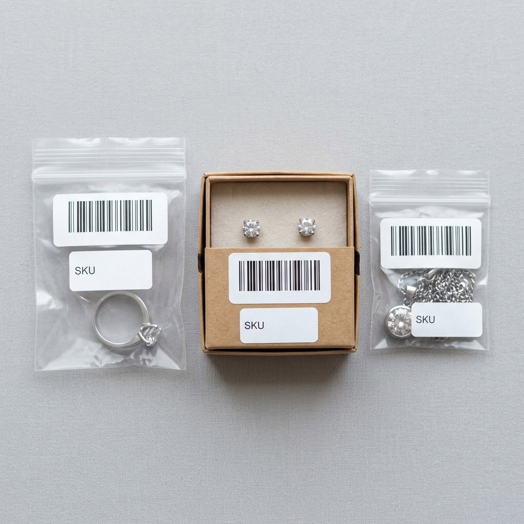 Barcode labels prepared for jewelry SKU packaging