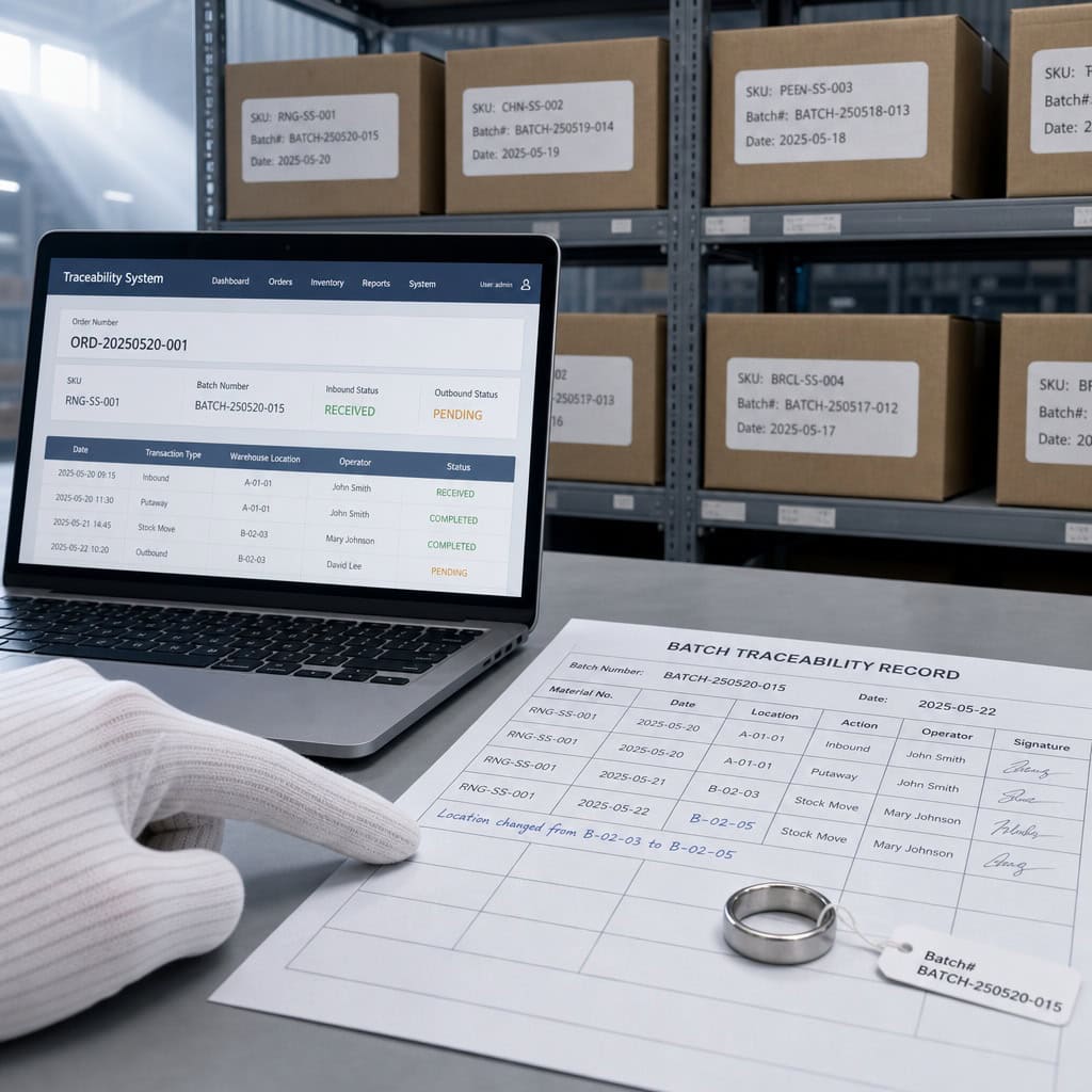 Jewelry batch traceability records reviewed against labeled warehouse cartons