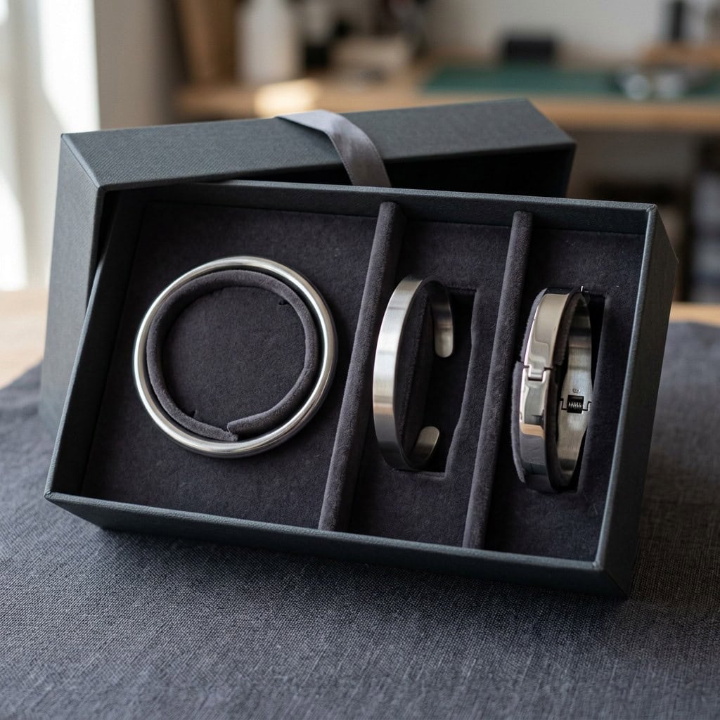 Stainless steel bangle gift set protected in a fitted box