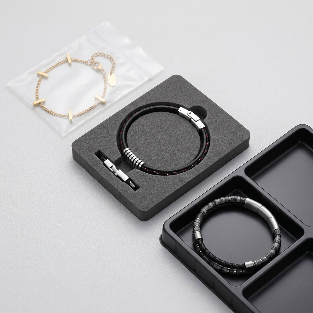 Stainless steel bracelets protected in individual presentation boxes