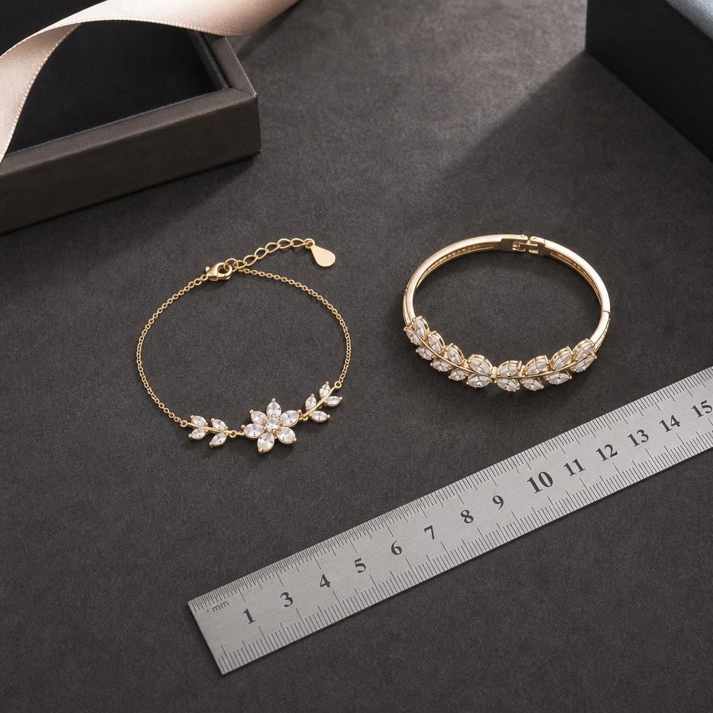 Bridal bracelet samples arranged beside a measuring ruler