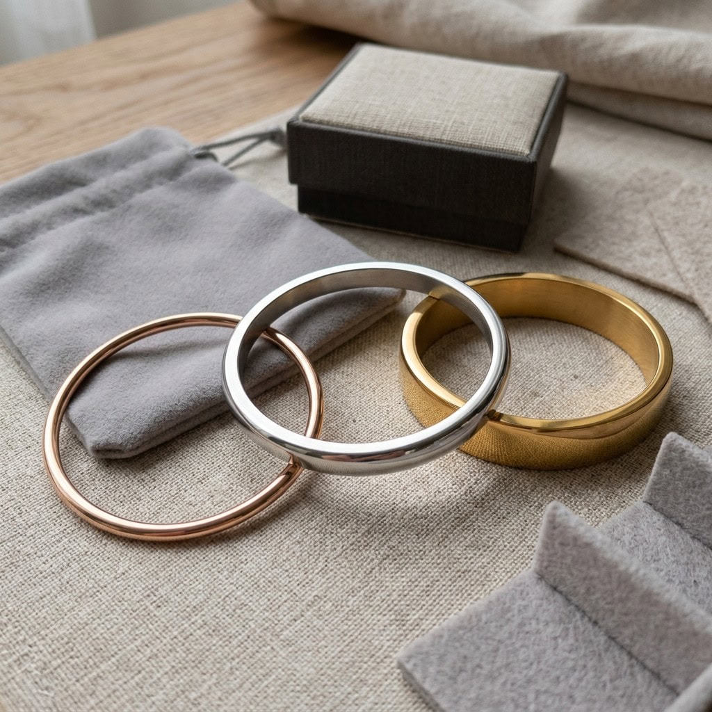 Closed stainless steel bangles in silver, gold, and rose gold finishes