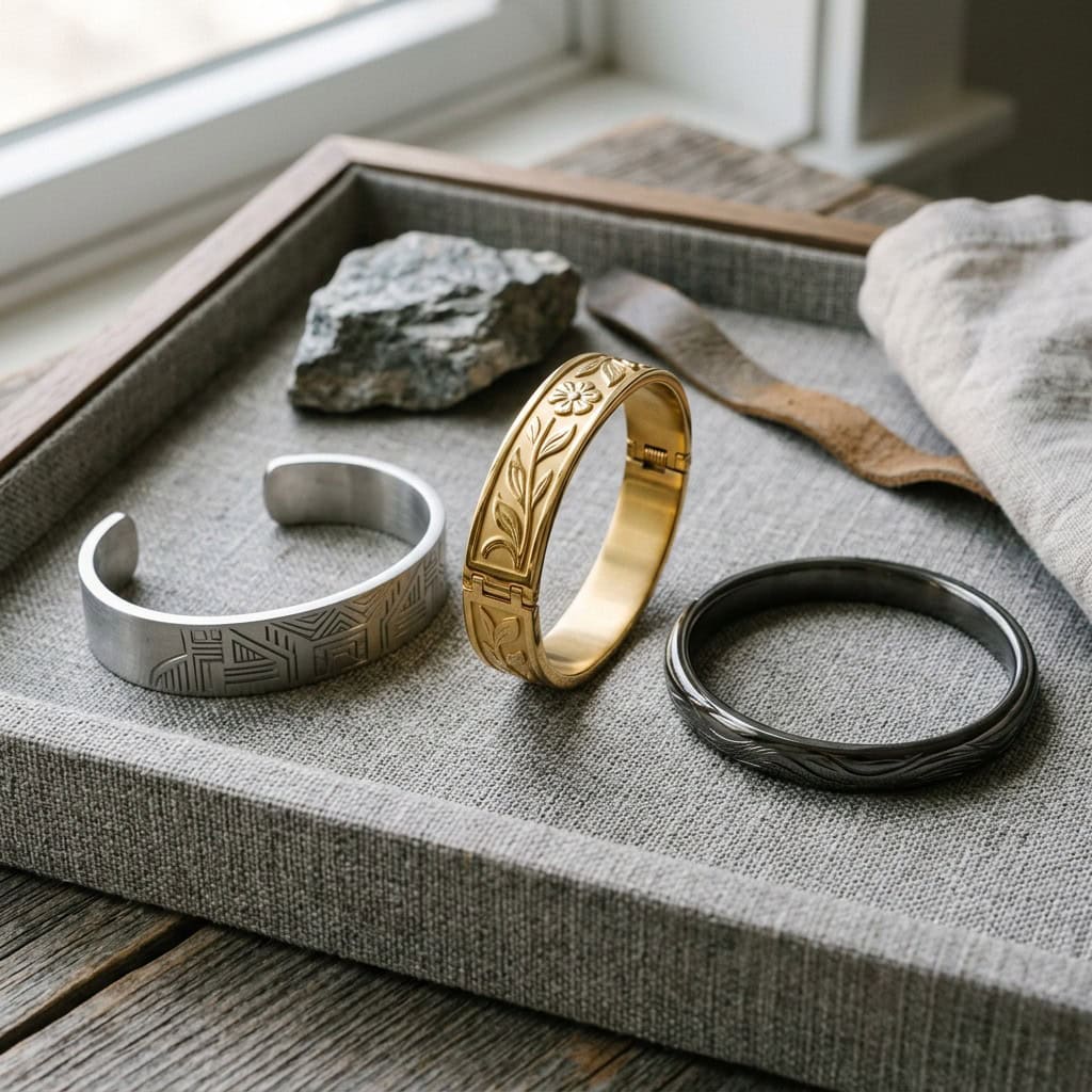 Wide and open stainless steel bangles in silver, gold, and black finishes