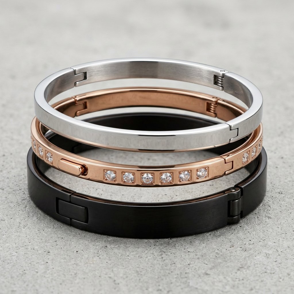 Hinged stainless steel bangles in silver, rose gold, and black finishes