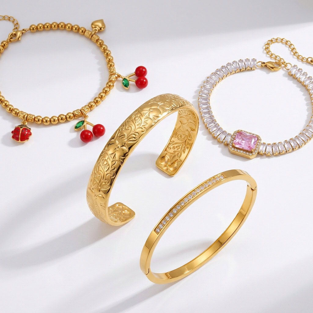 Stainless steel bracelets and bangles in mixed gold and silver finishes