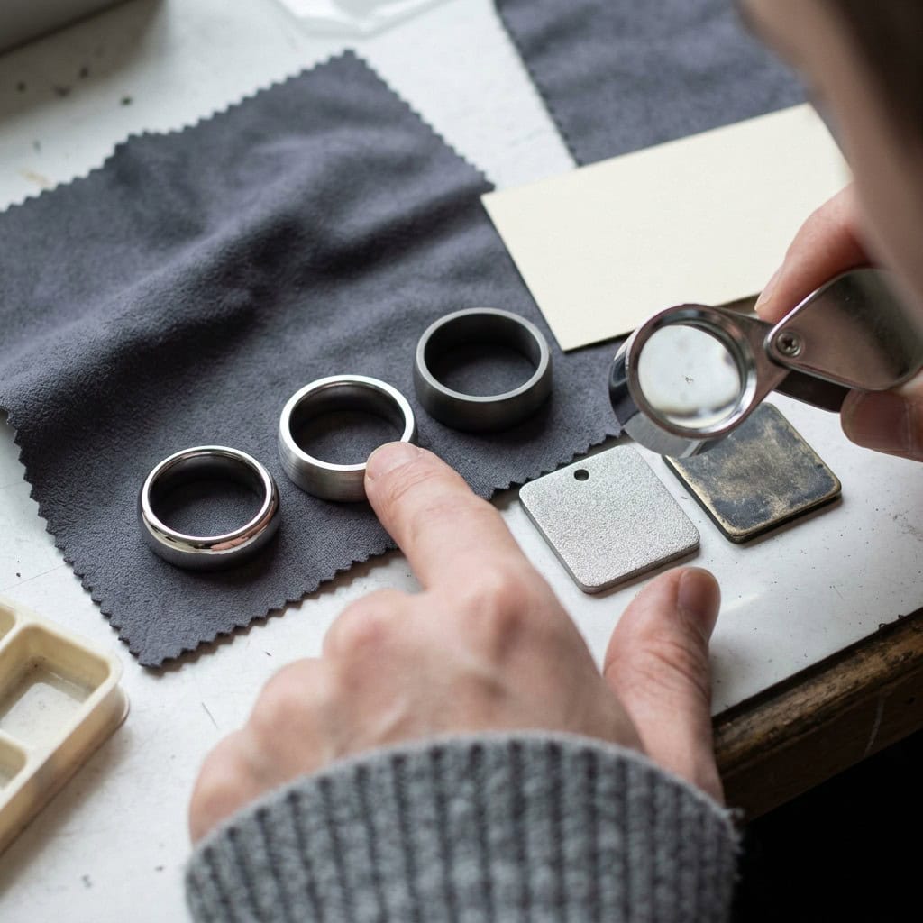 Jewelry surface finish samples in polished and textured treatments