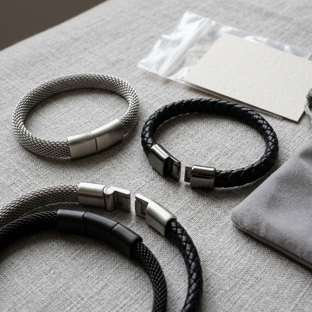 Magnetic clasp stainless steel bracelets in woven and mesh styles