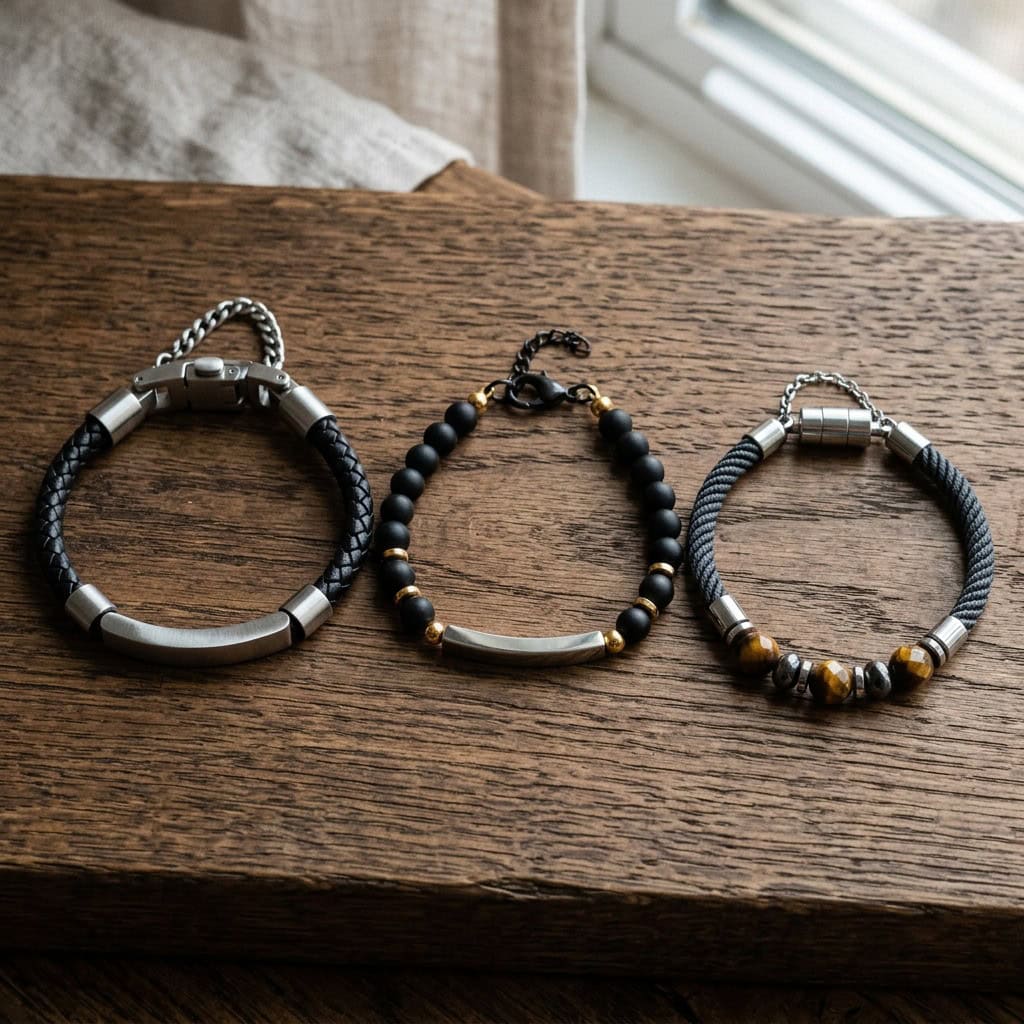 Mixed-material stainless steel bracelets with mesh, leather, and colored details