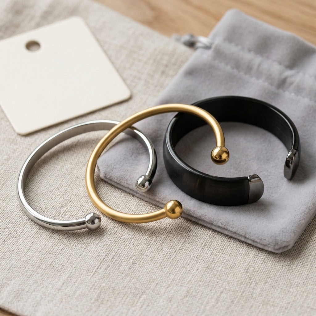 Open stainless steel bangles with rounded and geometric end details