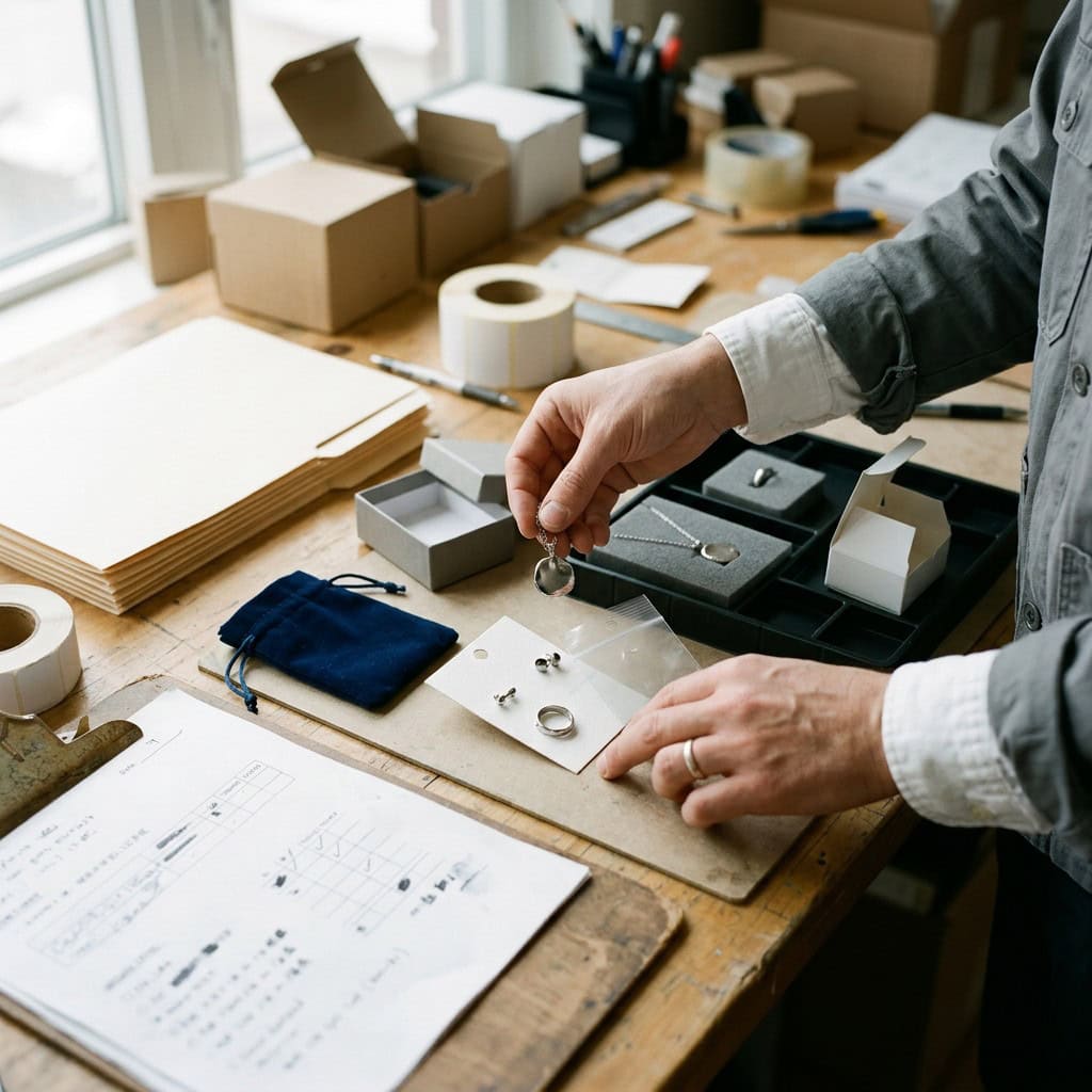 Jewelry packaging samples reviewed on a worktable