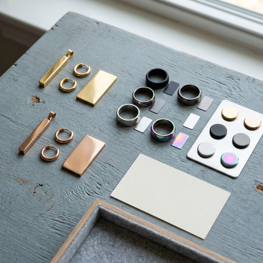 PVD and IP jewelry color samples in gold, rose gold, black, and steel finishes