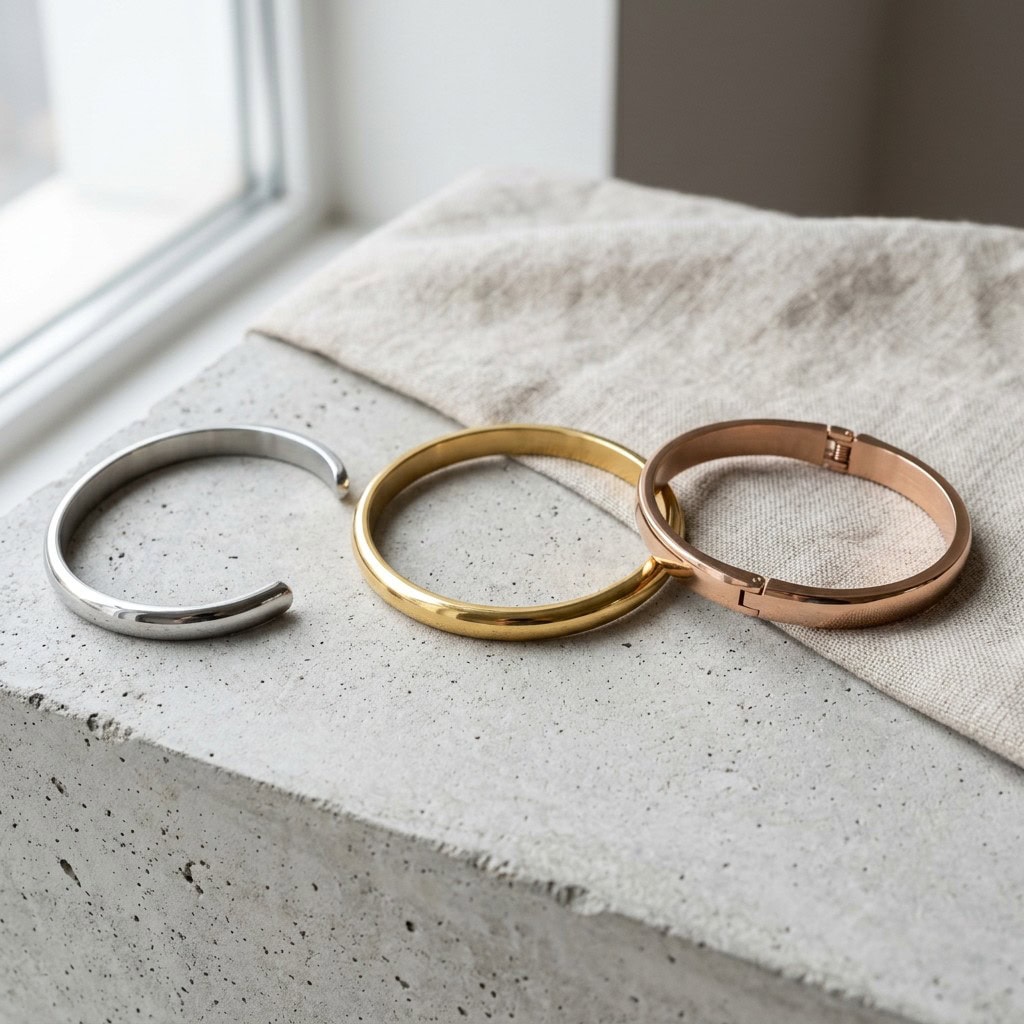 Open stainless steel bangle collection in silver, gold, and rose gold