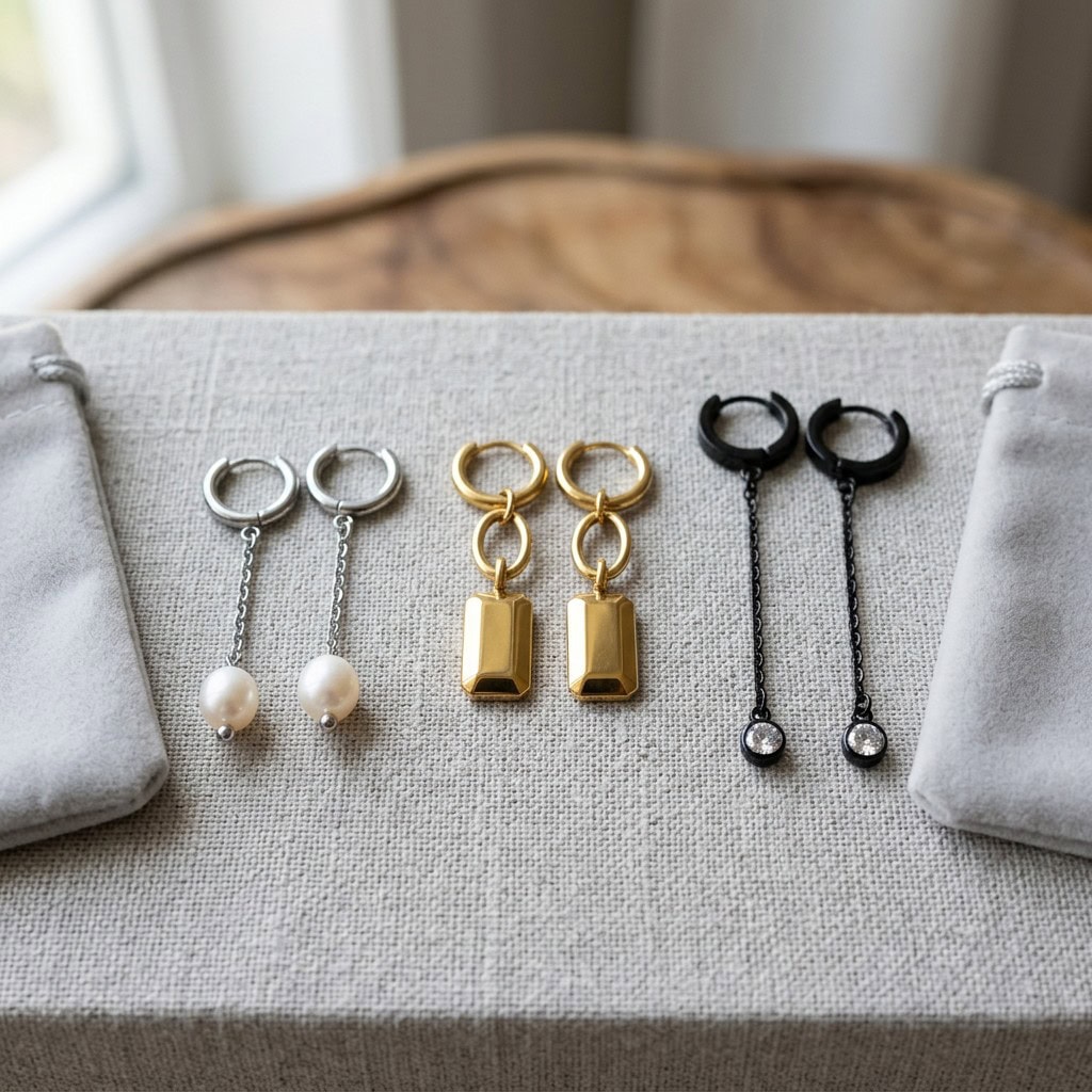 stainless steel drop earrings pair display