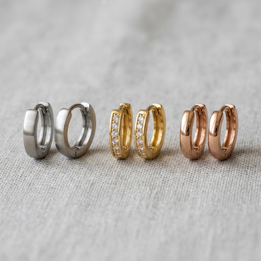 stainless steel huggie earrings hinge display