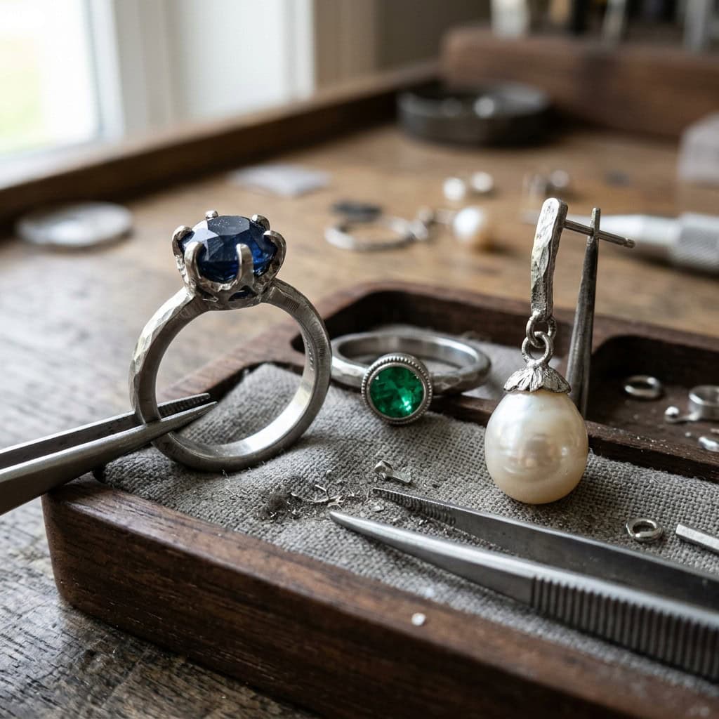 stone pearl detail jewelry sample table